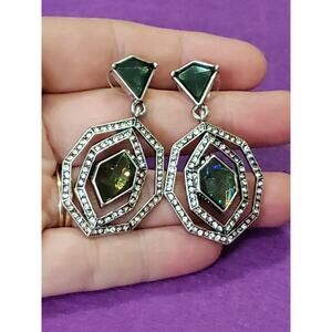 Ornate Geometric Multicolored Foiled Rhinestone Dangle Earrings Silver Tone New